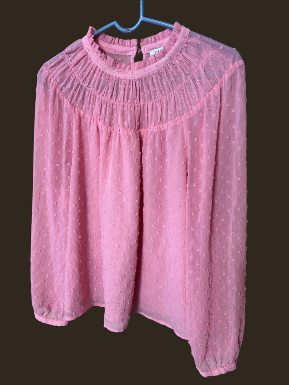 J.Crew Pink Swiss Dot Sheer Ruffle Neck Blouse Long Sleeve Women's L